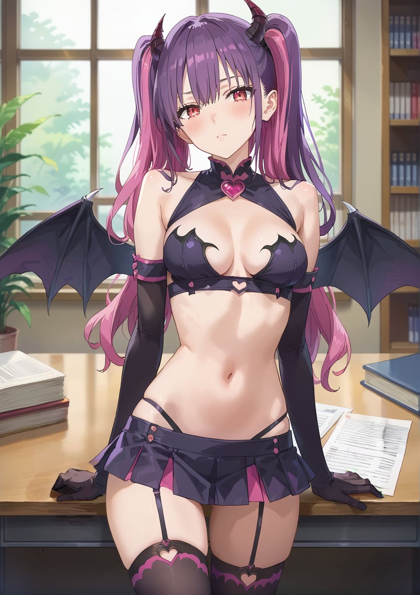 1girl, 2.5_jigen_no_ririsa, bat_wings, black_thighhighs, breasts, cleavage, cosplay, elbow_gloves