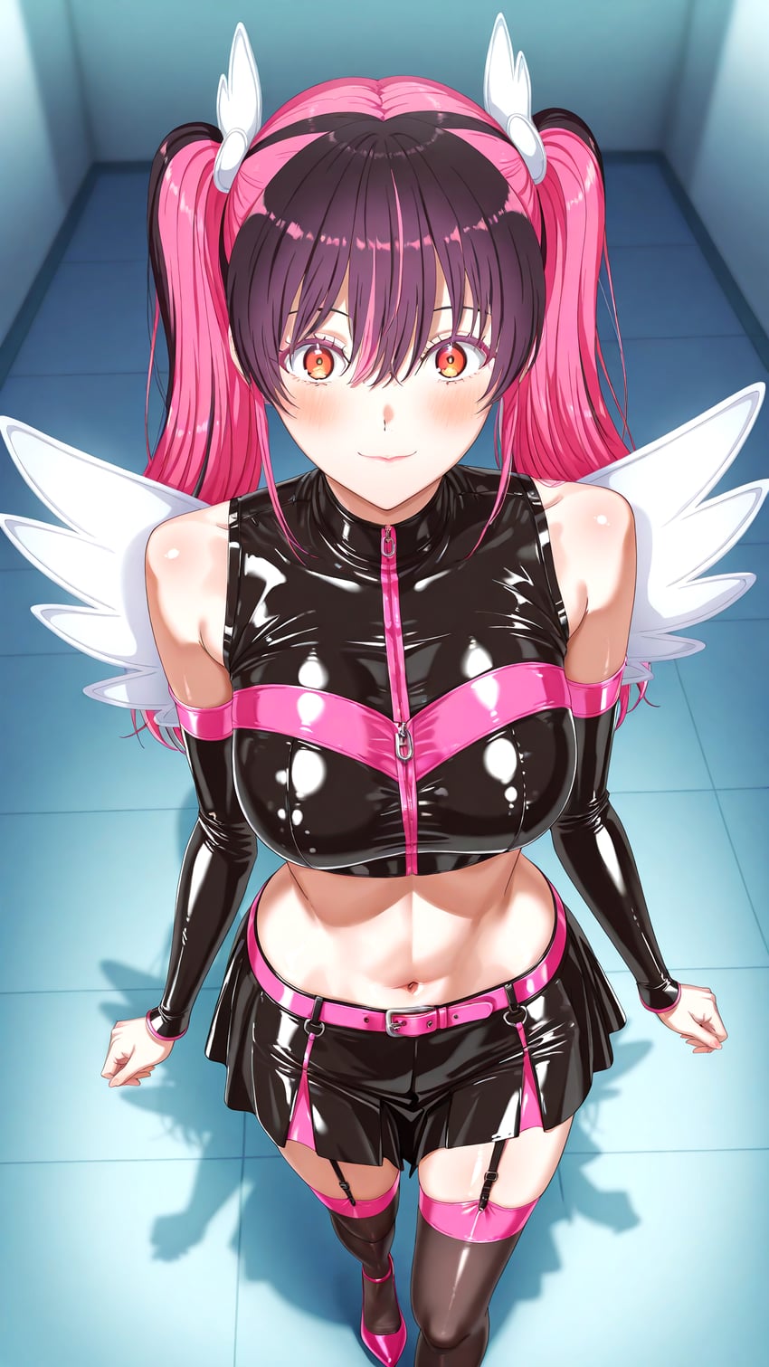 1girl, 2.5_jigen_no_ririsa, abs, angel_wings, bangs, bare_shoulders, blush, breasts