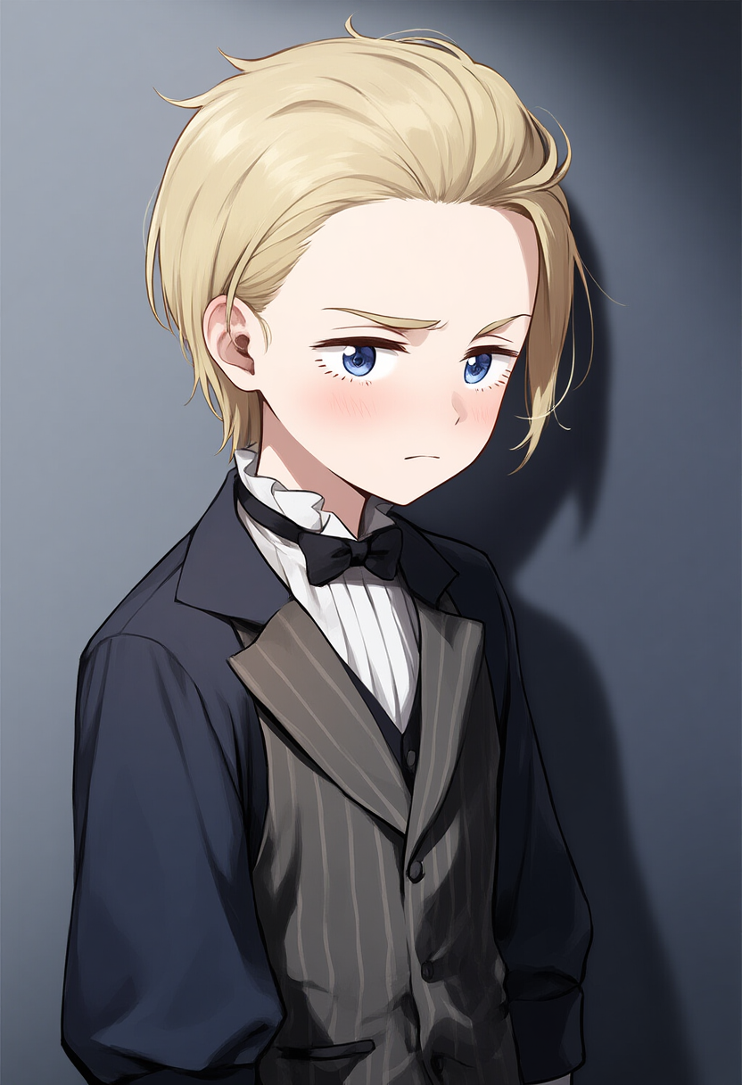 1boy, black_bow, black_bowtie, black_jacket, blonde_hair, blue_eyes, blush, bow