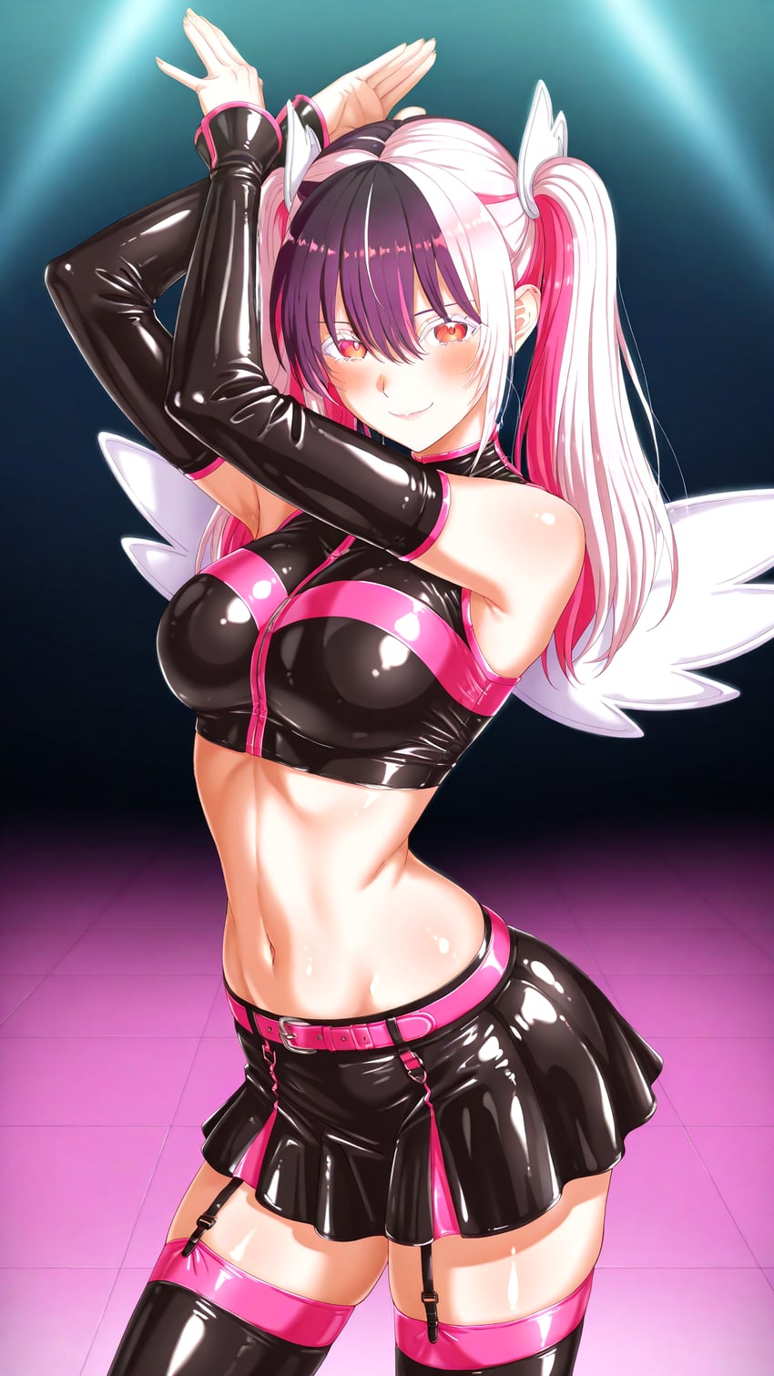 1girl, 2.5_jigen_no_ririsa, abs, angel_wings, bangs, bare_shoulders, blush, breasts