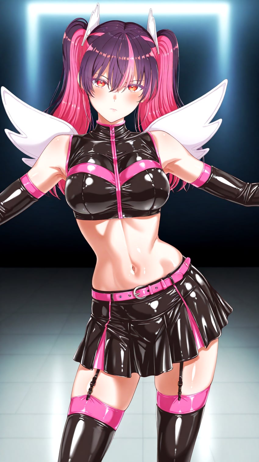 1girl, 2.5_jigen_no_ririsa, abs, angel_wings, bangs, bare_shoulders, breasts, cosplay