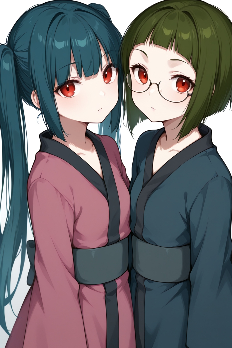 2girls, amaterasu_(sister's_story), aqua_hair, bangs, bob_cut, collarbone, comfyui, expressionless