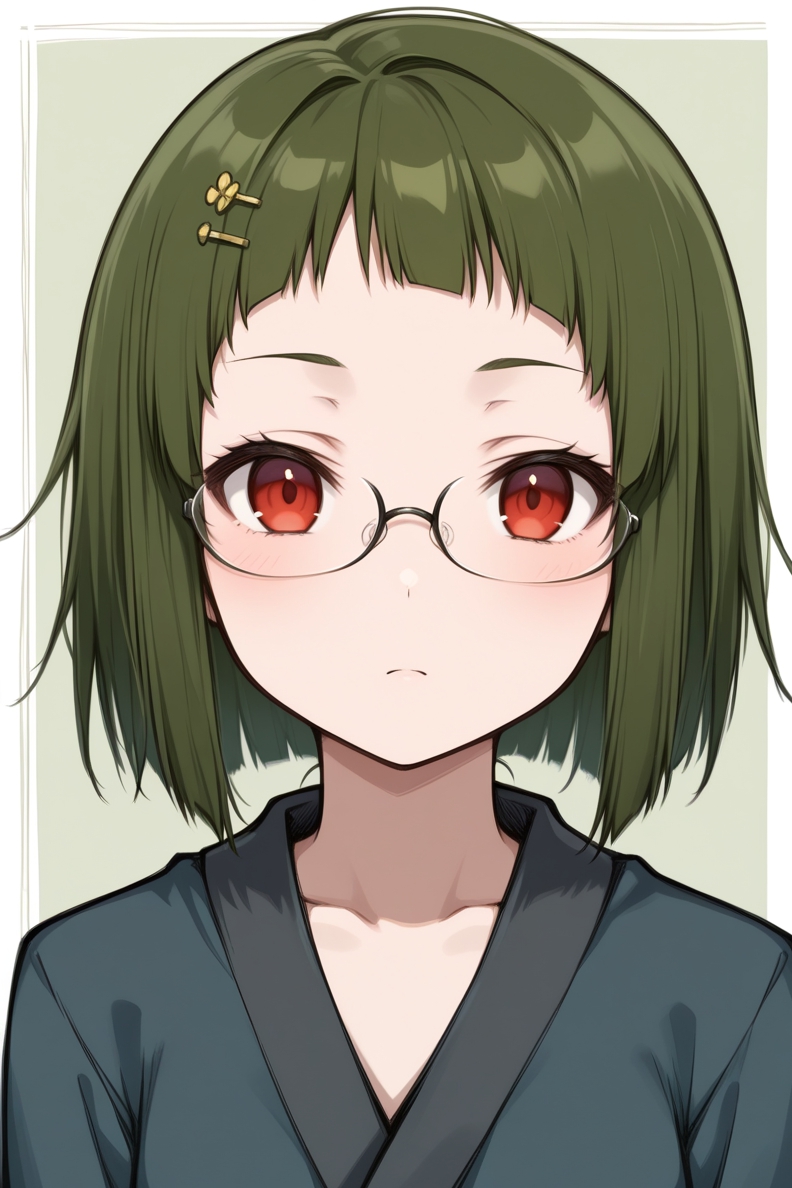 1girl, bangs, bob_cut, border, closed_mouth, comfyui, dark_green_hair, expressionless