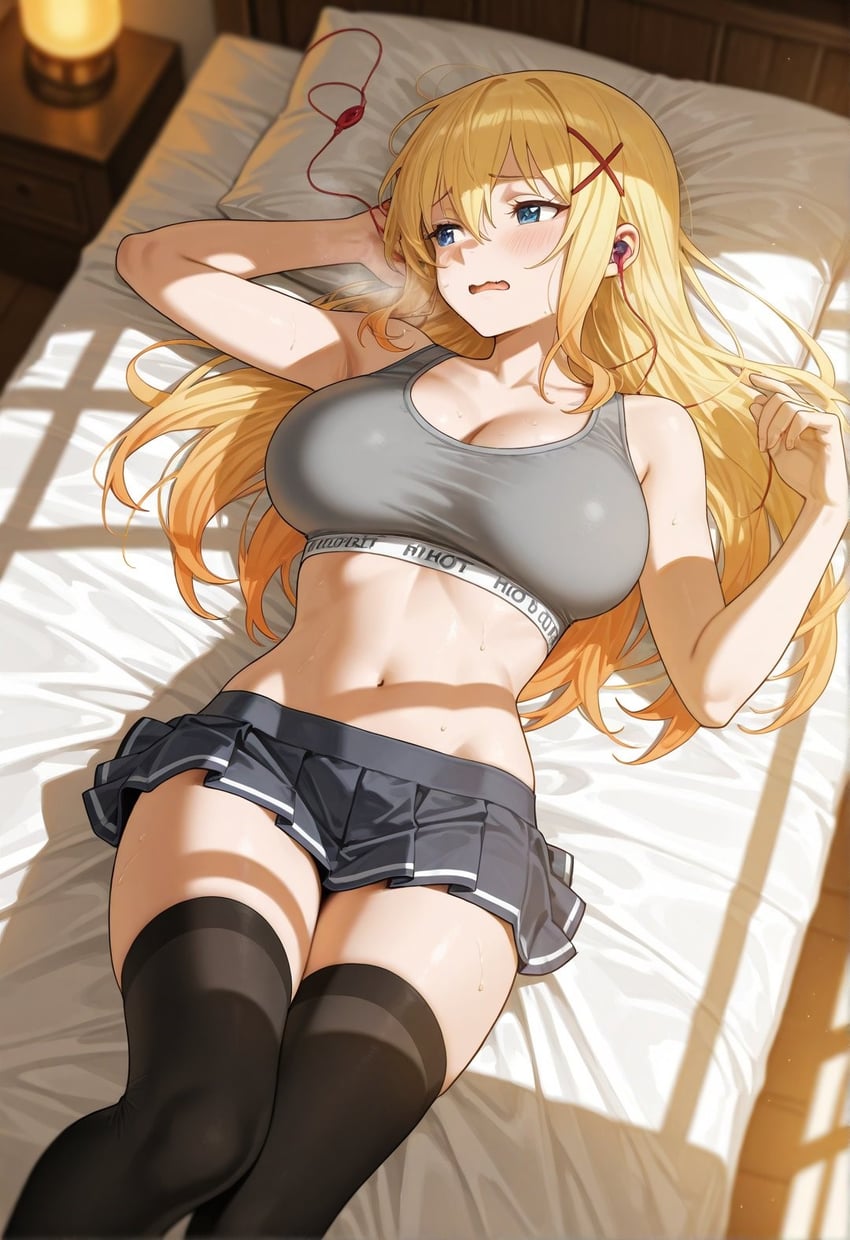 1girl, black_skirt, black_thighhighs, blonde_hair, blue_eyes, blush, breasts, darkness_(konosuba)