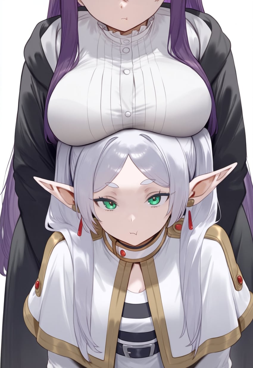 2girls, :t, bangs, belt, black_coat, black_robe, breast_envy, breast_rest