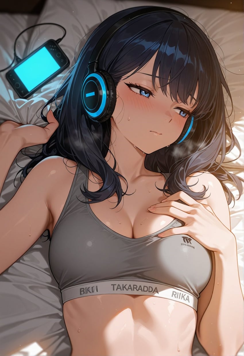 1girl, black_hair, blue_eyes, blush, breasts, cellphone, dino, grey_sports_bra