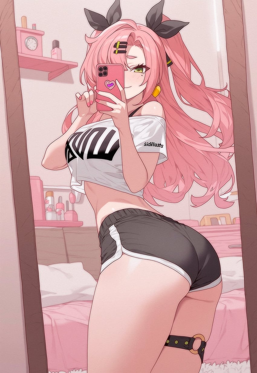 1girl, ass, bare_shoulders, bed, black_ribbon, black_shorts, breasts, cellphone