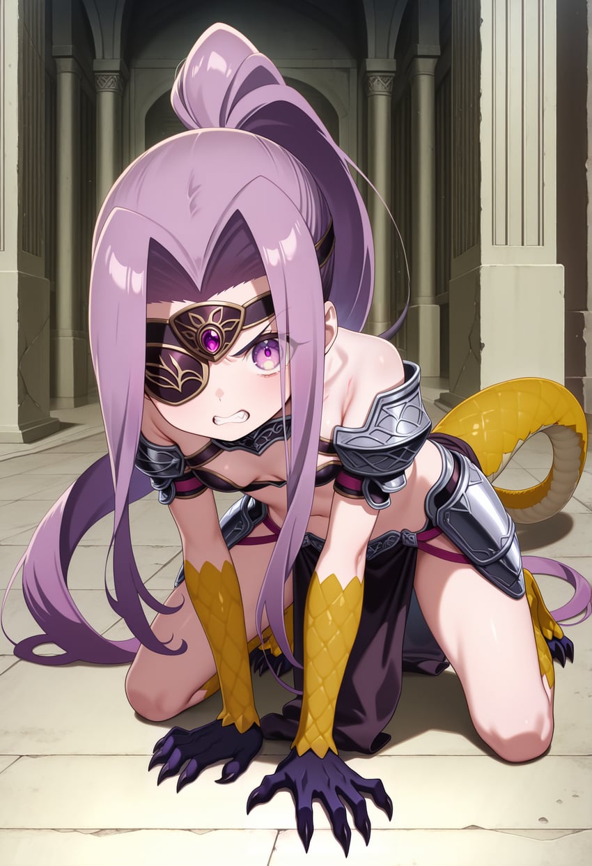 1girl, armor, claws, cosplay, eyepatch, fate/grand_order, fate_(series), gorgon_(fate)