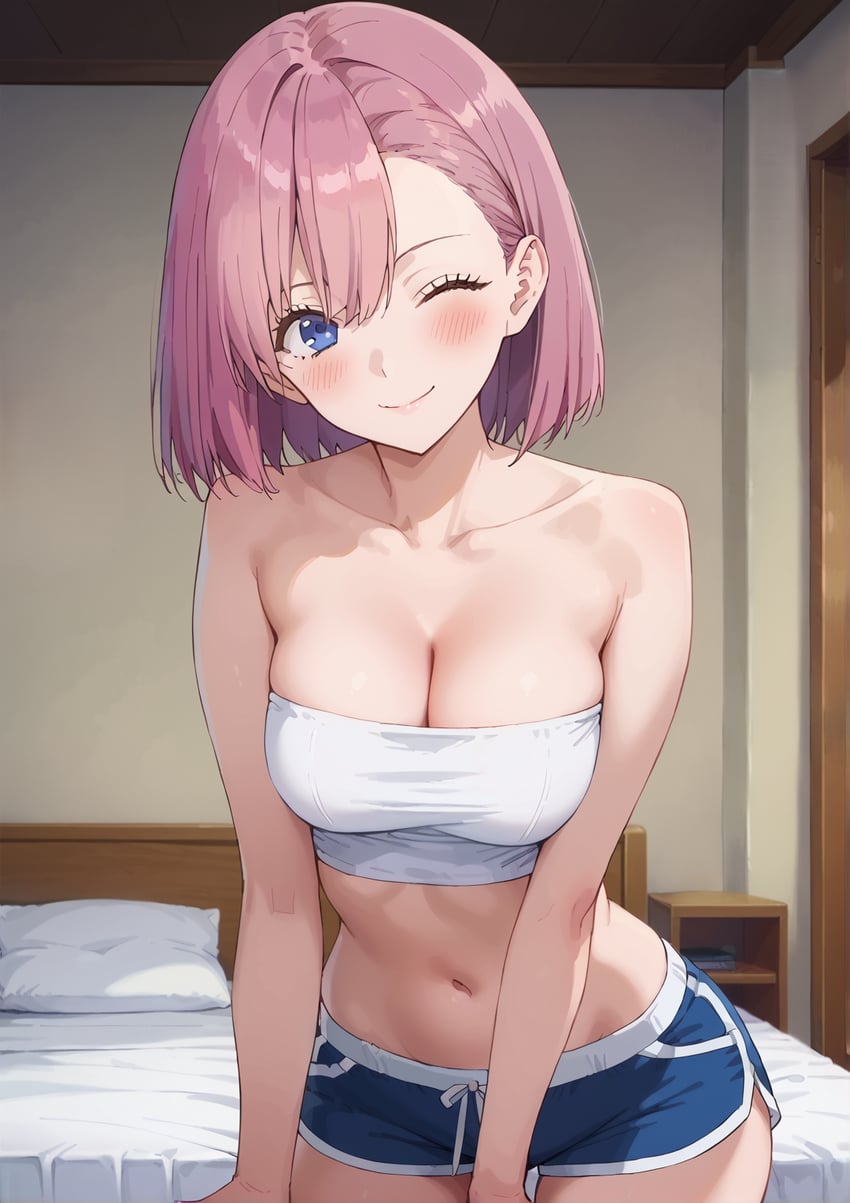 1girl, 2.5_jigen_no_ririsa, amano_ririsa, bed, breasts, cleavage, collarbone, crop_top