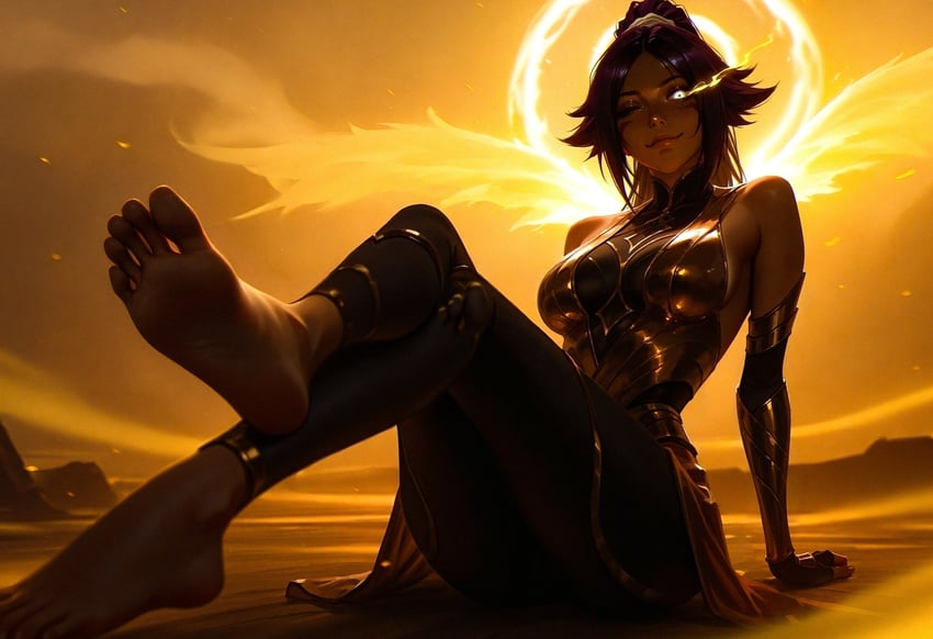 1girl, anklet, bare_shoulders, barefoot, black_hair, bleach, breasts, crossed_legs