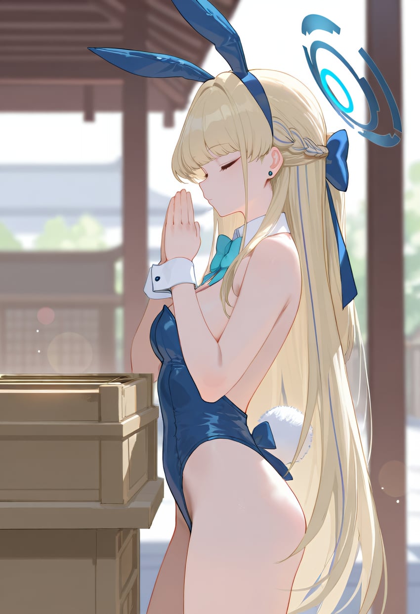 1girl, absurdres, animal_ear_hairband, animal_ears, aqua_bow, aqua_bowtie, blonde_hair, blue_archive, blue_hair, blue_hairband, blue_halo, blue_leotard, bow, bowtie, braid, breasts, closed_eyes, closed_mouth, commentary, cowboy_shot, crowna, day, detached_collar, fake_animal_ears, fake_tail, from_side, hairband, halo, highres, japanese_commentary, lens_flare, leotard, light_particles, long_hair, medium_breasts, model_request, multicolored_hair, official_alternate_costume, own_hands_together, palms_together, playboy_bunny, praying, profile, rabbit_ear_hairband, rabbit_ears, solo, standing, strapless, strapless_leotard, streaked_hair, tail, toki_(blue_archive), toki_(bunny)_(blue_archive), very_long_hair, white_tail, wrist_cuffs
