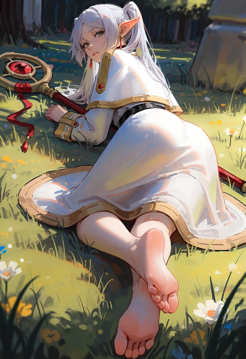 1girl, ass, bangs, barefoot, capelet, day, earrings, elf