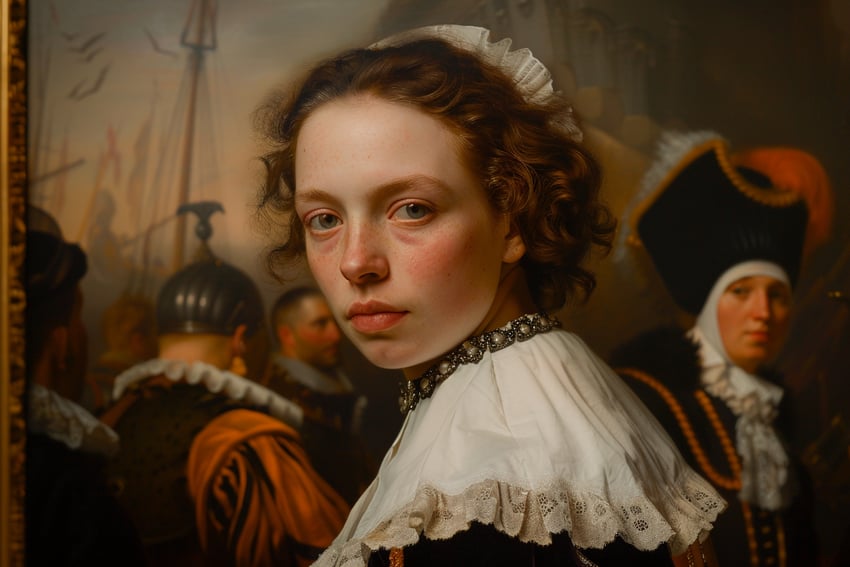 17th_century, 1girl, baroque_(style), blurry, blurry_background, brown_hair, closed_mouth, faux_painting, faux_traditional_media, freckles, frills, green_eyes, headdress, helmet, jewelry, looking_at_viewer, looking_back, medium_hair, metadata_request, midjourney, mj55, neck_ruff, necklace, original, picture_frame, portrait, realistic, self-upload, sky, soldier, solo_focus