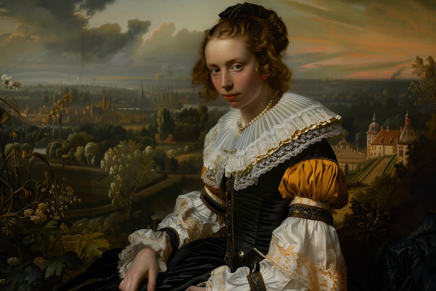 17th_century, 1girl, baroque_(style), black_dress, blue_sky, brown_hair, castle, closed_mouth, cloud, corset, dress, dusk, faux_painting, faux_traditional_media, freckles, frilled_sleeves, frills, jewelry, landscape, leaf, long_sleeves, looking_at_viewer, medium_hair, metadata_request, midjourney, mj55, neck_ruff, necklace, original, pearl_necklace, picture_frame, realistic, red_sky, self-upload, sitting, sky, soldier, solo, tree, upper_body