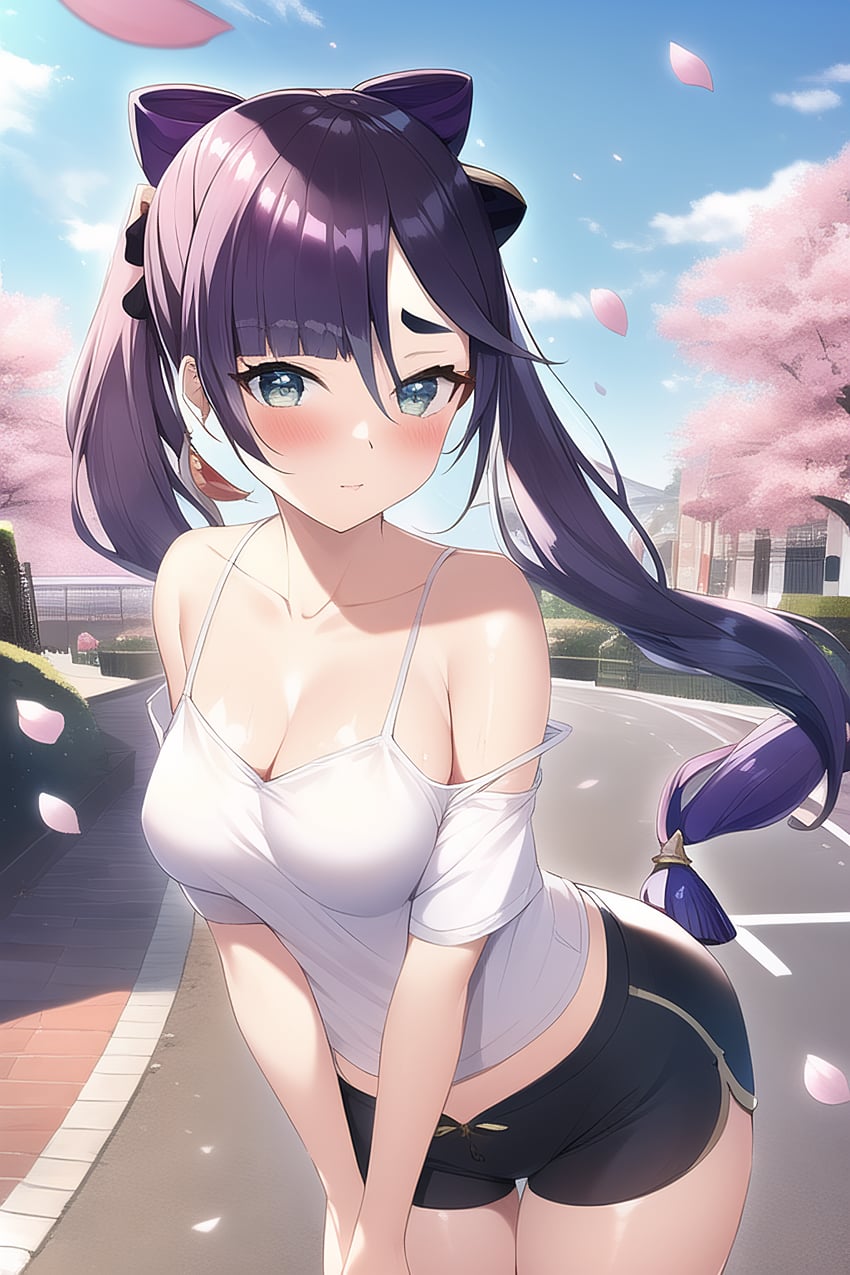 1girl, alternate_costume, bare_shoulders, black_shorts, blue_sky, blush, breasts, camisole