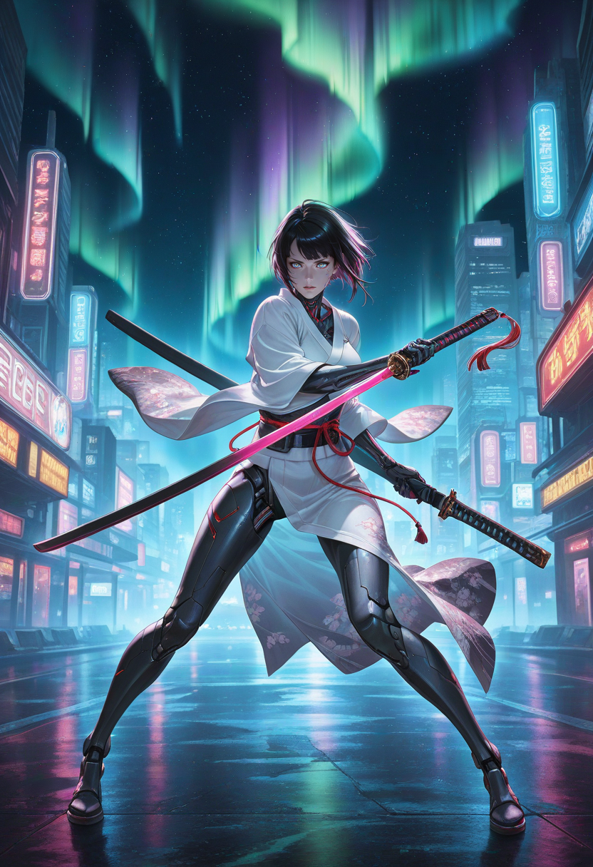 1girl, adetailer, aurora, black_hair, breasts, closed_mouth, full_body, hair_ornament