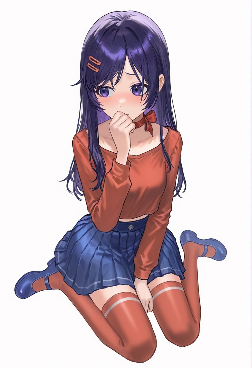 1girl, arm_between_legs, blue_footwear, blue_skirt, blush, breasts, choker, closed_mouth