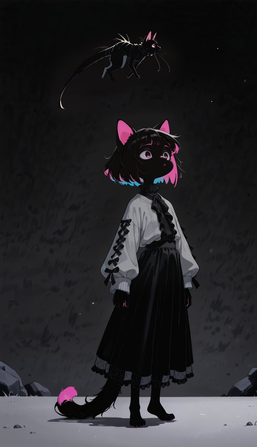 1girl, 1other, absurdres, ambiguous_gender, animal, animal_ears, animal_feet, animal_nose, antlers_anon, arms_at_sides, barefoot, black_bow, black_fur, black_hair, black_ribbon, black_skin, black_skirt, black_theme, bob_cut, bow, cable_knit, cat, cat_ears, cat_girl, cat_tail, claws, collar, colored_inner_animal_ears, colored_inner_hair, colored_skin, expressionless, flat_chest, floating, frilled_collar, frilled_shirt, frills, from_side, full_body, furry, furry_female, glowing, gradient, gradient_background, grey_background, high-waist_skirt, highres, lace-trimmed_skirt, lace_trim, long_skirt, long_sleeves, long_tail, looking_up, model_request, multicolored_hair, non-web_source, original, parted_lips, pink_eyes, pleated_skirt, puffy_long_sleeves, puffy_sleeves, ribbon, shadow, shirt, shirt_tucked_in, short_hair, skirt, sleeves_past_wrists, snout, solo_focus, standing, tail, white_shirt, wide-eyed