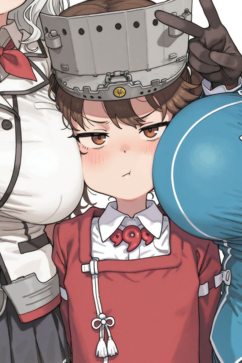 3girls, :t, atago_(kancolle), black_gloves, black_skirt, blush, breast_envy, breasts, brown_eyes, brown_hair, flat_chest, girl_sandwich, gloves, grey_hair, head_out_of_frame, height_difference, highres, japanese_clothes, kantai_collection, kariginu, kashima_(kancolle), large_breasts, long_sleeves, looking_at_viewer, magatama, military, military_uniform, model_request, multiple_girls, pleated_skirt, pout, ryuujou_(kancolle), sabotenman, sandwiched, shirt, simple_background, skirt, twintails, uniform, v, visor_cap, white_background, white_shirt