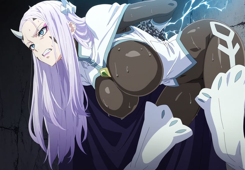 1girl, bodysuit, bound, bound_arms, breasts, cape, chain, chained