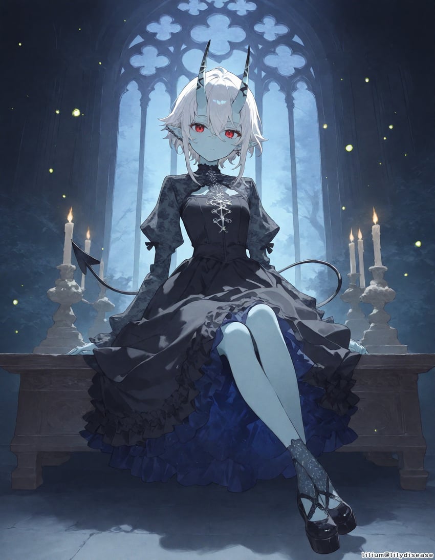 1girl, alternate_costume, black_dress, black_footwear, blue_oni, blue_skin, bow, breasts