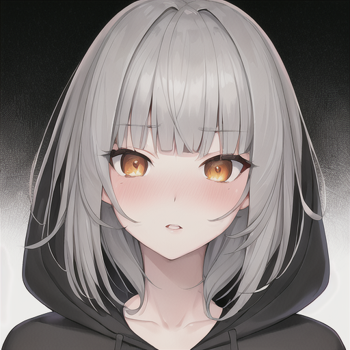 1girl, anything_(model), bangs, black_background, blunt_bangs, blush, collarbone, drawstring, gradient, gradient_background, grey_hair, grey_hoodie, hood, hood_up, hoodie, kagayakushininggate, looking_at_viewer, lowres, magia_record:_mahou_shoujo_madoka_magica_gaiden, mahou_shoujo_madoka_magica, medium_hair, miwa_mitsune, non-web_source, orange_eyes, parted_lips, portrait, self-upload, simple_background, solo