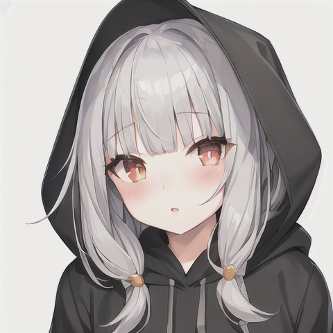 1girl, :o, anything_(model), bangs, blunt_bangs, blush, drawstring, grey_background