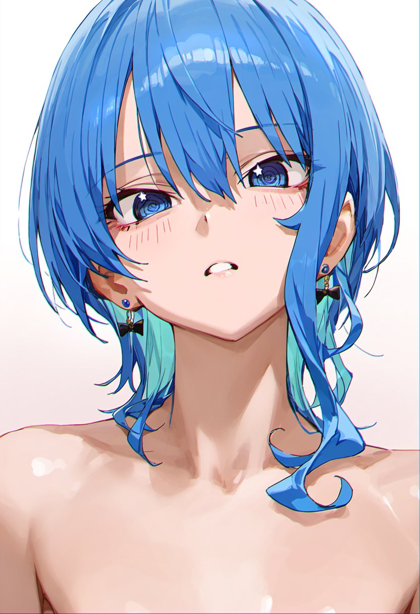 1girl, bare_shoulders, blue_eyes, blue_hair, blue_nails, blush, breasts, bubu2kufo, choker, closed_mouth, collarbone, earrings, gradient, gradient_background, hair_between_eyes, hair_ornament, hololive, hoshimachi_suisei, jewelry, long_hair, looking_at_viewer, model_request, nude, parted_lips, portrait, short_hair, side_ponytail, simple_background, smile, solo, topless, upper_body, virtual_youtuber, white_background