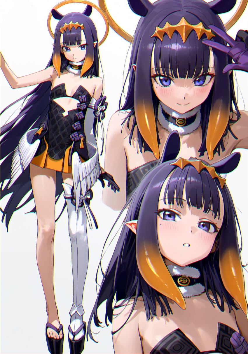 1girl, bangs, bare_shoulders, black_gloves, blue_eyes, blunt_bangs, blush, breasts