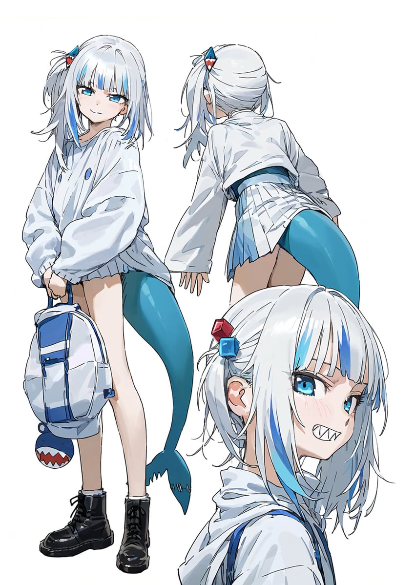 1girl, absurdres, blue_eyes, blue_streaks, bubu2kufo, fish_tail, full_body, gawr_gura