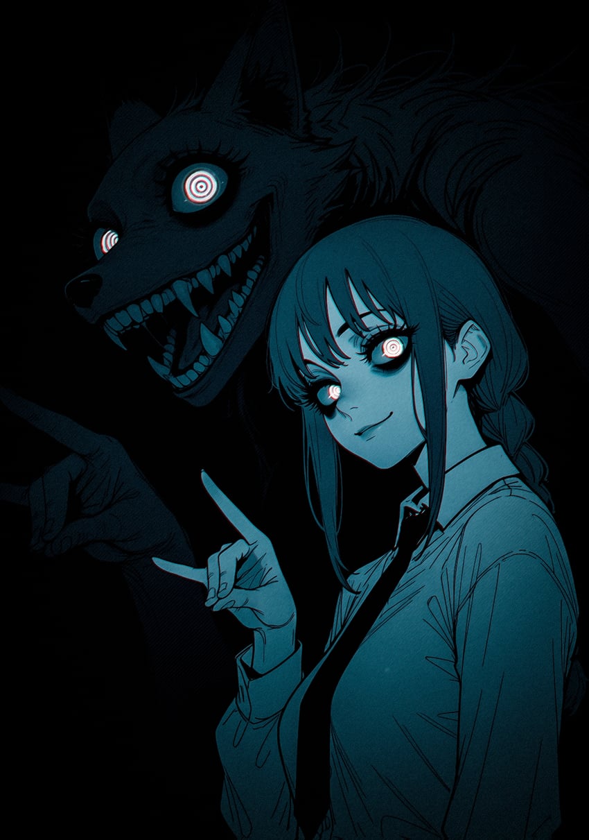 1girl, bangs, black_background, black_necktie, braid, braided_ponytail, breasts, business_suit