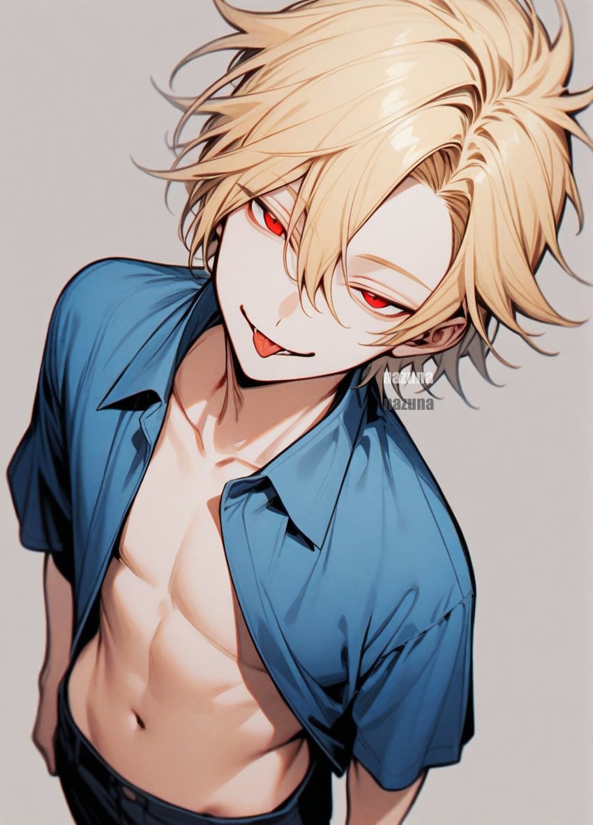 1boy, bangs, blonde_hair, blue_shirt, collarbone, collared_shirt, commentary, grey_background