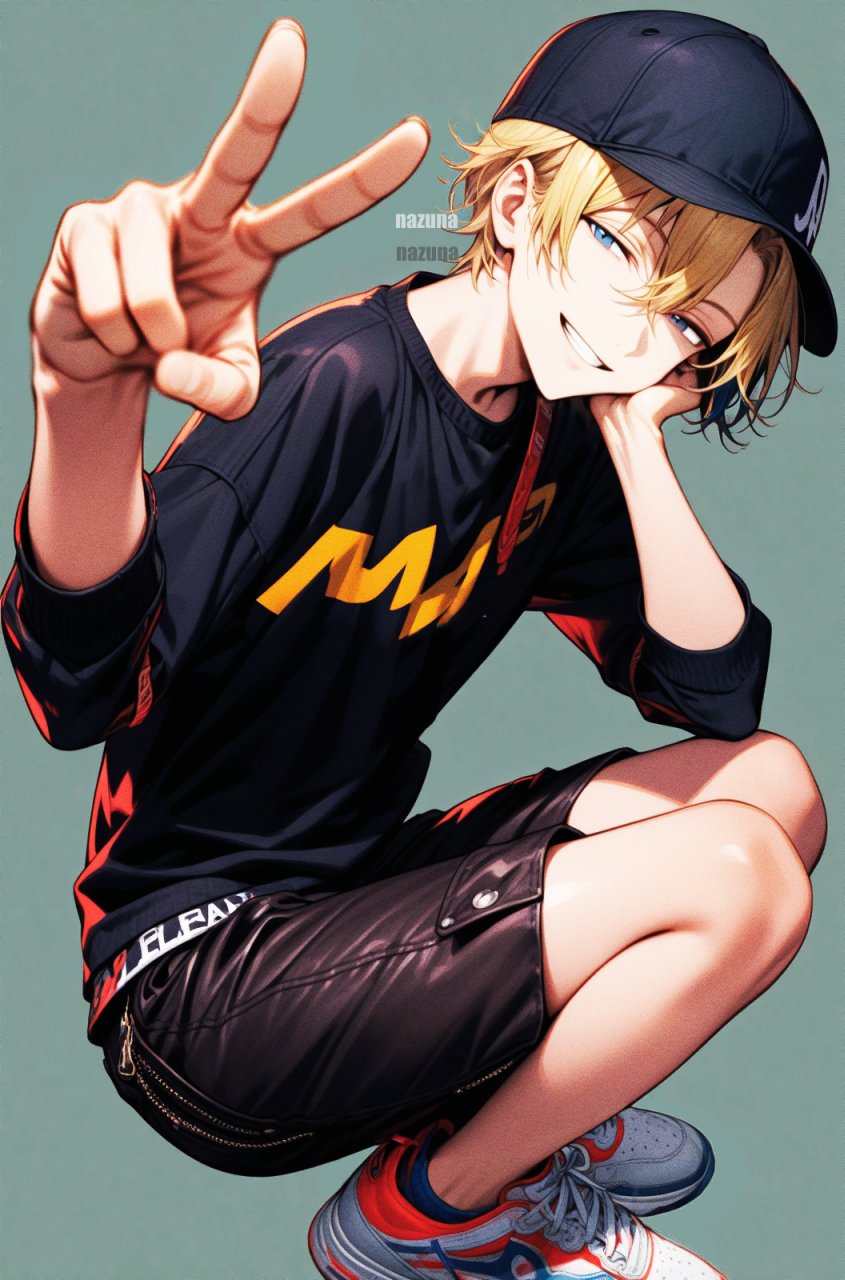 1boy, bangs, baseball_cap, black_headwear, blonde_hair, blue_eyes, commentary_request, green_background