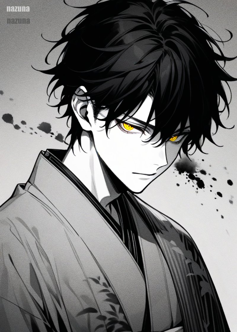 1boy, bangs, bishounen, closed_mouth, commentary_request, film_grain, greyscale, hair_between_eyes