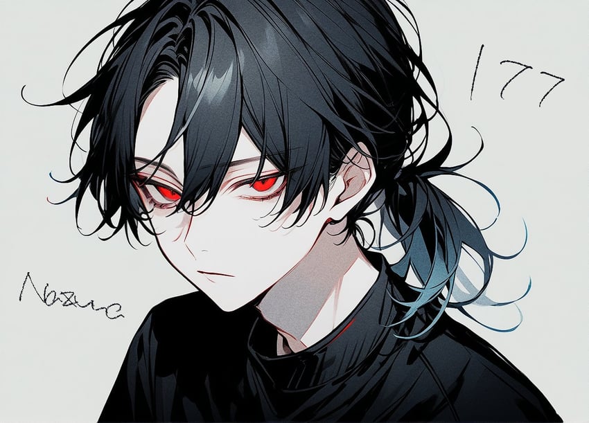 1boy, artist_name, bangs, bishounen, black_hair, black_shirt, closed_mouth, commentary, expressionless, grey_background, hair_between_eyes, looking_at_viewer, male_focus, medium_hair, model_request, number-only_commentary, original, p_ai_nori, ponytail, portrait, red_eyes, sanpaku, shirt, simple_background, solo, tsurime