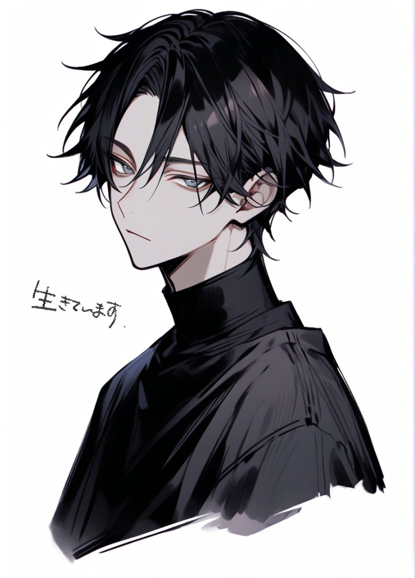 1boy, bangs, bishounen, black_hair, black_shirt, blue_eyes, closed_mouth, cropped_shoulders, expressionless, hair_between_eyes, japanese_text, looking_at_viewer, male_focus, model_request, original, p_ai_nori, parted_bangs, shirt, short_hair, simple_background, solo, translated, turtleneck, turtleneck_shirt, upper_body, white_background