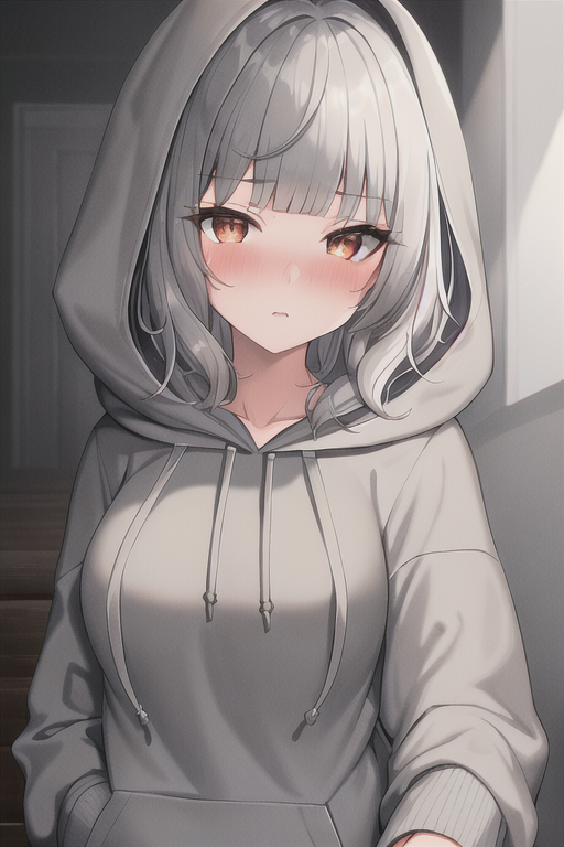 1girl, anything_(model), bangs, blunt_bangs, blush, breasts, drawstring, grey_background, grey_hair, grey_hoodie, hand_in_pocket, head_tilt, hood, hood_up, hoodie, indoors, kagayakushininggate, long_sleeves, looking_at_viewer, lowres, magia_record:_mahou_shoujo_madoka_magica_gaiden, mahou_shoujo_madoka_magica, miwa_mitsune, non-web_source, orange_eyes, pocket, sad, self-upload, short_hair, solo, upper_body, wavy_hair