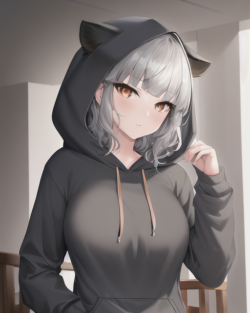 1girl, animal_ears, anything_(model), bangs, blunt_bangs, blush, breasts, cat_ears, cat_girl, curly_hair, drawstring, fake_animal_ears, grey_background, grey_hair, grey_hoodie, hand_up, head_tilt, hood, hood_up, hoodie, indoors, kagayakushininggate, large_breasts, long_sleeves, looking_at_viewer, lowres, magia_record:_mahou_shoujo_madoka_magica_gaiden, mahou_shoujo_madoka_magica, miwa_mitsune, non-web_source, orange_eyes, pocket, self-upload, short_hair, solo, upper_body
