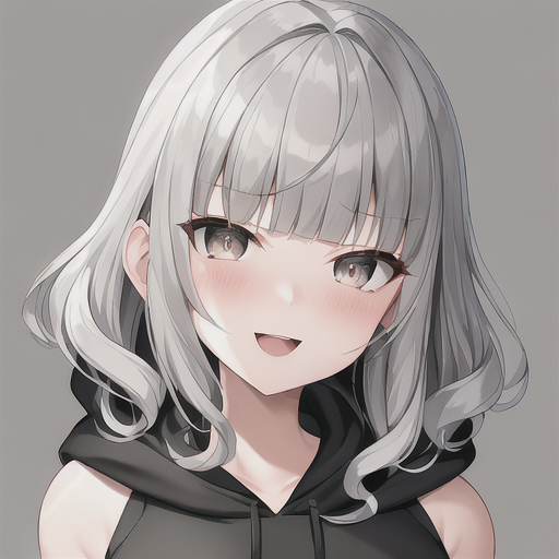 1girl, :d, anything_(model), bangs, bare_shoulders, black_hoodie, blunt_bangs, blush