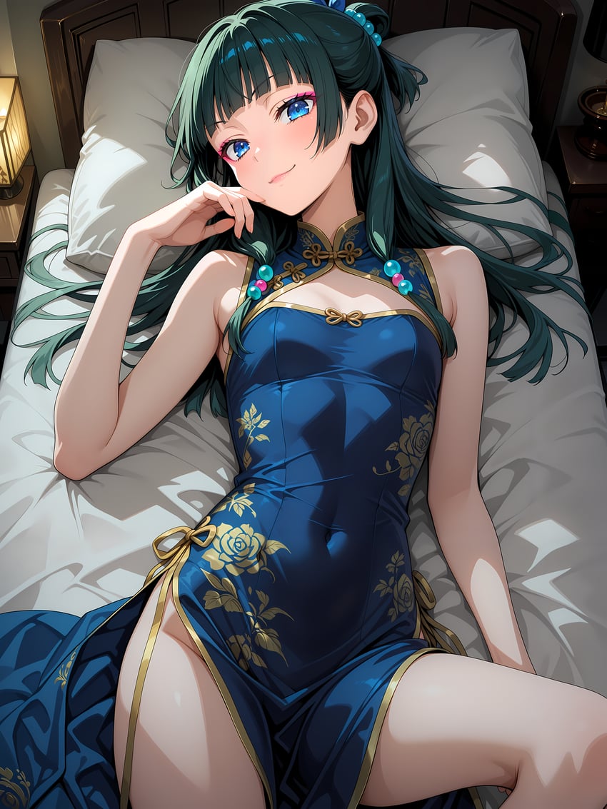 1girl, absurdres, adetailer, bangs, bare_arms, bare_shoulders, beads, bed, blue_dress, blue_eyes, blunt_bangs, blush, breasts, bun_cover, china_dress, chinese_clothes, cleavage_cutout, closed_mouth, clothing_cutout, controlnet, covered_navel, dark_green_hair, dress, eyebrows_visible_through_hair, floral_print, from_above, gold_trim, green_hair, groin, hair_beads, hair_bun, hair_ornament, hand_on_own_face, hand_up, highres, hotel_room, indoors, inpainted, kusuriya_no_hitorigoto, lips, long_hair, looking_at_viewer, lounging, luxury, lying, makeup, maomao_(kusuriya_no_hitorigoto), non-web_source, on_back, on_bed, petite, pillow, pink_eyeliner, ressentiment, self-upload, sleeveless, sleeveless_dress, small_breasts, smile, smirk, solo, thighs, wai-shuffle-noob