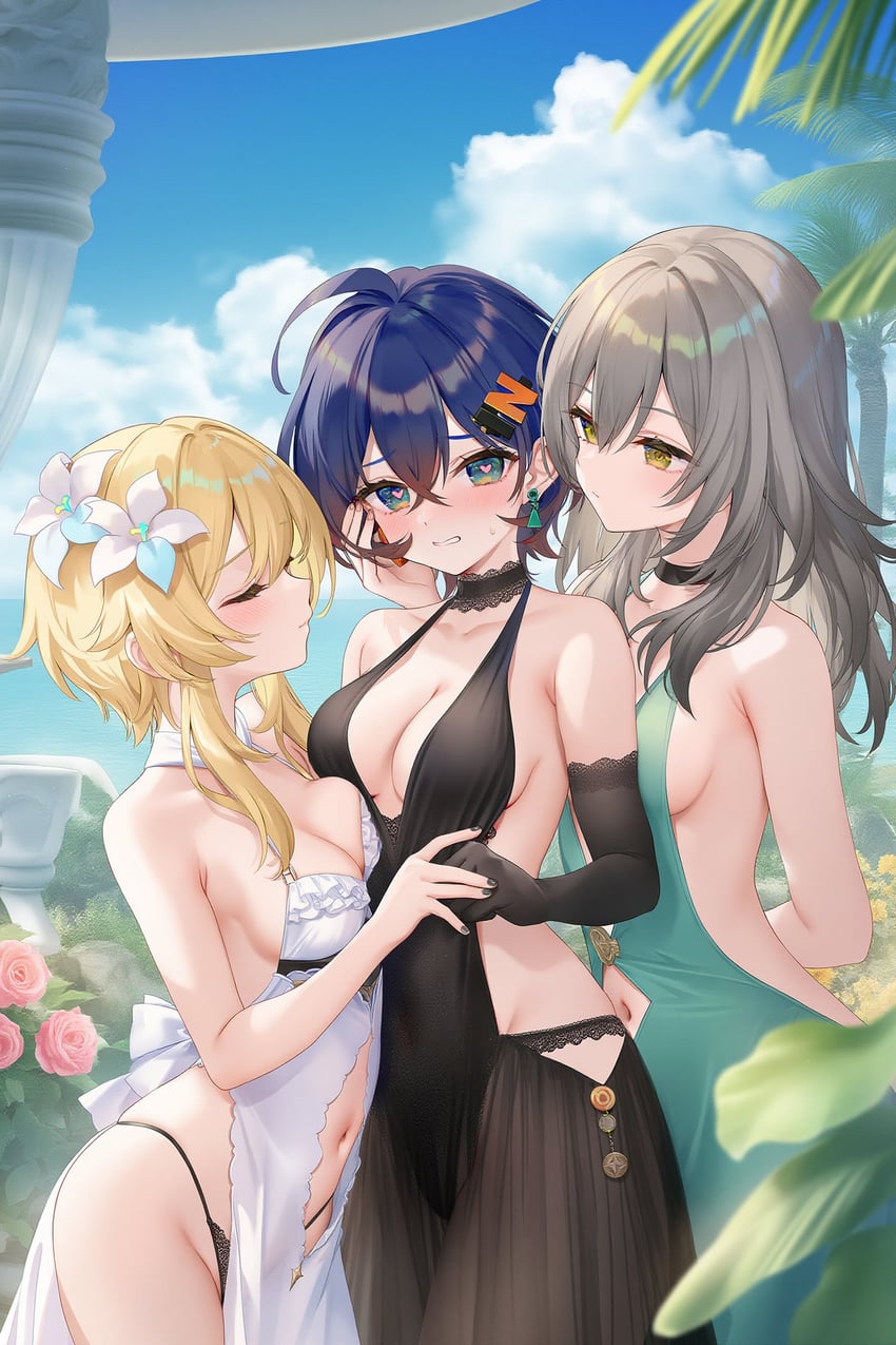 3girls, ahoge, backless_dress, backless_outfit, bare_shoulders, belle_(zenless_zone_zero), black_choker, black_dress