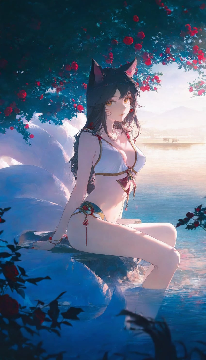 1girl, ahri_(league_of_legends), animal_ear_fluff, animal_ears, bikini, black_hair, detailed_background, facial_mark