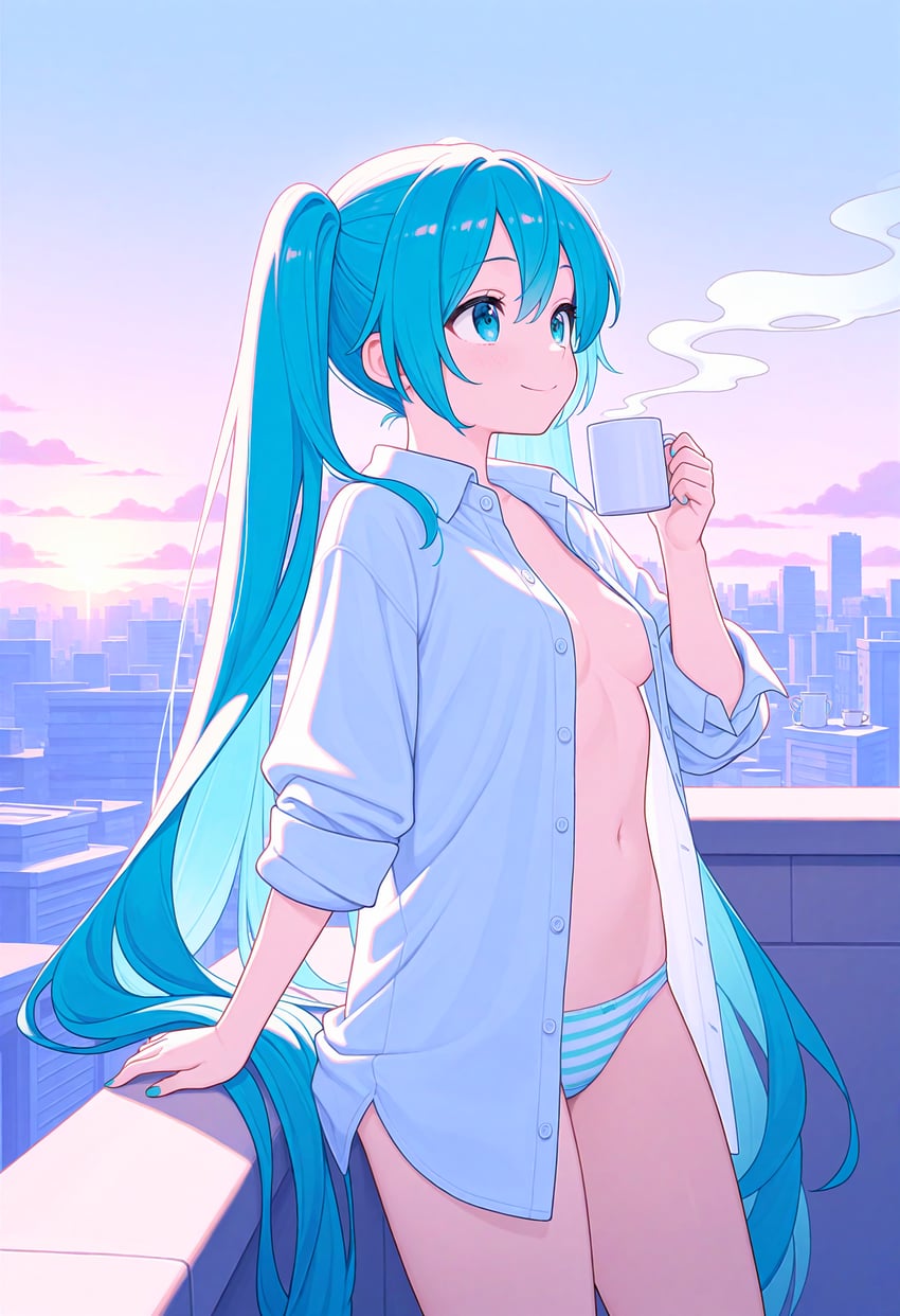 1girl, absurdres, aqua_eyes, aqua_hair, aqua_nails, backlighting, balcony, breasts, cityscape, cloud, coffee_mug, cup, dress_shirt, hatsune_miku, highres, holding, holding_cup, long_hair, looking_afar, lorim, mug, nail_polish, outdoors, oversized_clothes, oversized_shirt, pale_color, panties, pastel_colors, resized, self-upload, shirt, sleeves_rolled_up, small_breasts, smile, smoke, solo, striped, striped_panties, sunrise, the_i_wondermix, twintails, unbuttoned, underwear, upscaled, very_long_hair, vocaloid