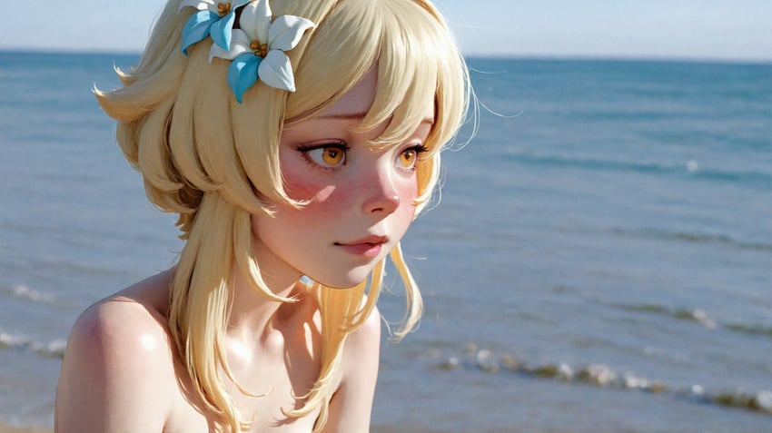 1girl, bapao, bare_shoulders, beach, blonde_hair, blurry, blurry_background, blush