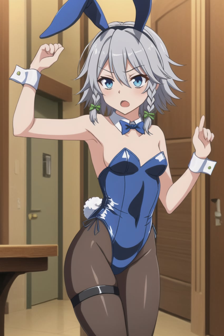 1girl, animal_ears, blue_bow, blue_bowtie, blue_eyes, bow, bowtie, breasts, commentary_request, covered_navel, detached_collar, fake_animal_ears, fake_tail, grey_hair, highres, indoors, izayoi_sakuya, kgmraisys, leotard, model_request, pantyhose, playboy_bunny, rabbit_ears, rabbit_tail, small_breasts, solo, strapless, strapless_leotard, tail, thigh_strap, touhou, v-shaped_eyebrows, white_wrist_cuffs, wrist_cuffs