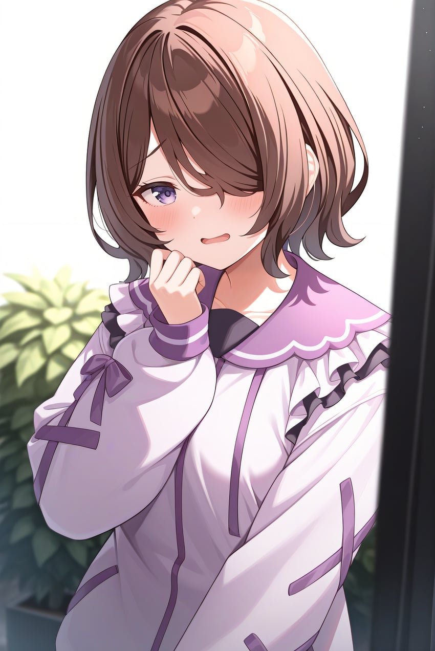 1girl, bangs, blush, brown_hair, comfyui, frills, hair_over_one_eye, hand_up, jacket, komurasaki_momoka, long_sleeves, looking_at_viewer, lora, lustrousmix, miraha, one_eye_covered, open_mouth, plant, puffy_long_sleeves, puffy_sleeves, purple_eyes, purple_ribbon, purple_sailor_collar, ribbon, sailor_collar, self-upload, short_hair, solo, upper_body, voisona