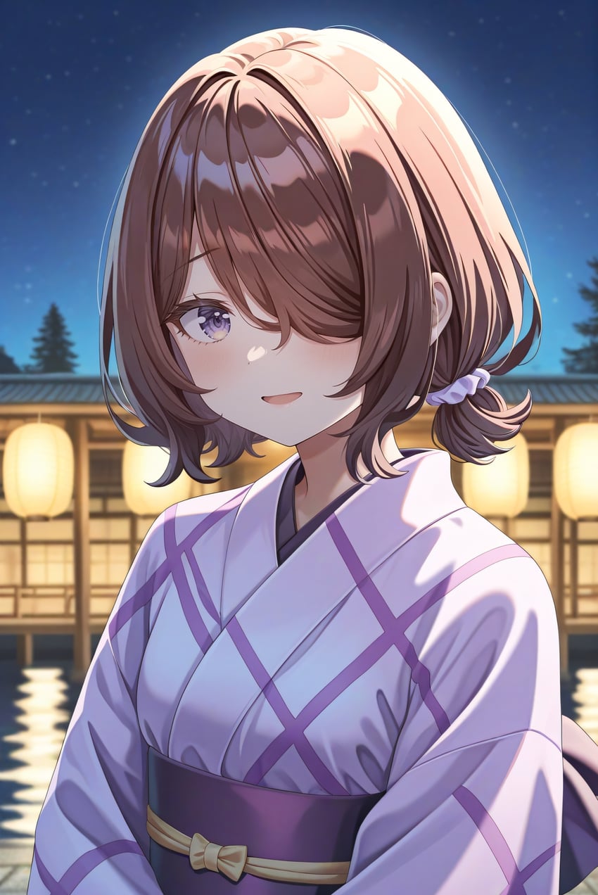 1girl, alternate_hairstyle, bangs, blurry, blurry_background, blush, brown_hair, comfyui, hair_ornament, hair_over_one_eye, hair_scrunchie, japanese_clothes, kimono, komurasaki_momoka, lantern, long_sleeves, looking_at_viewer, lora, lustrousmix, miraha, night, obi, one_eye_covered, open_mouth, outdoors, paper_lantern, purple_eyes, purple_kimono, purple_sash, purple_scrunchie, sash, scrunchie, self-upload, short_hair, sidelocks, sky, smile, solo, upper_body, voisona, water, yukata