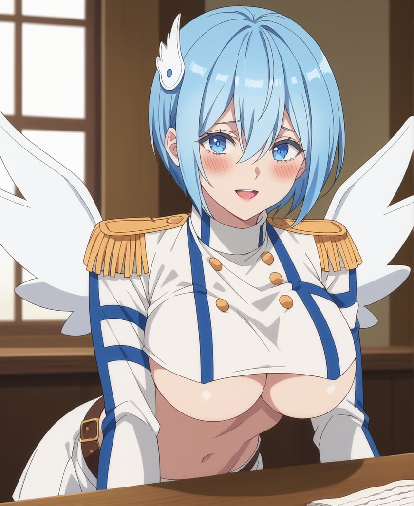 1girl, 2.5_jigen_no_ririsa, bangs, belt, blue_eyes, blue_hair, blush, breasts