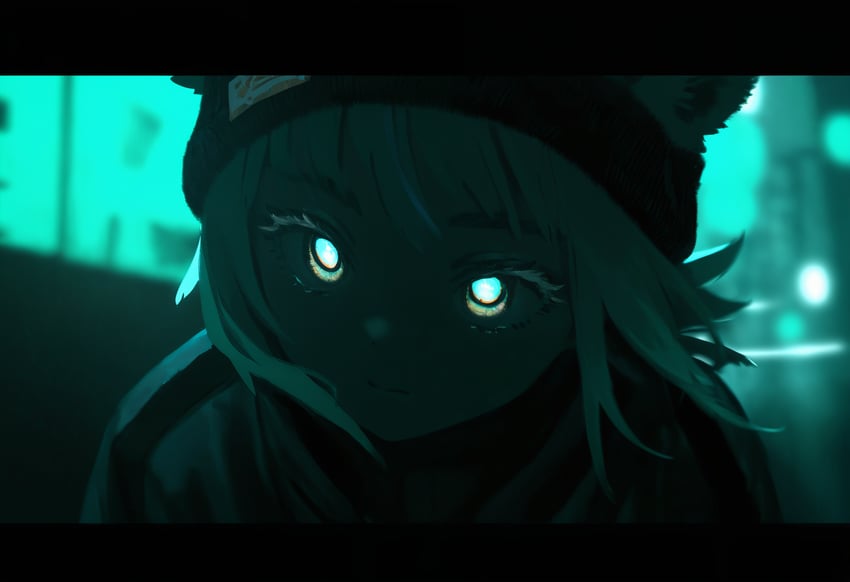 1girl, absurdres, animal_ears, animal_hat, aqua_eyes, aqua_hair, aqua_theme, backlighting