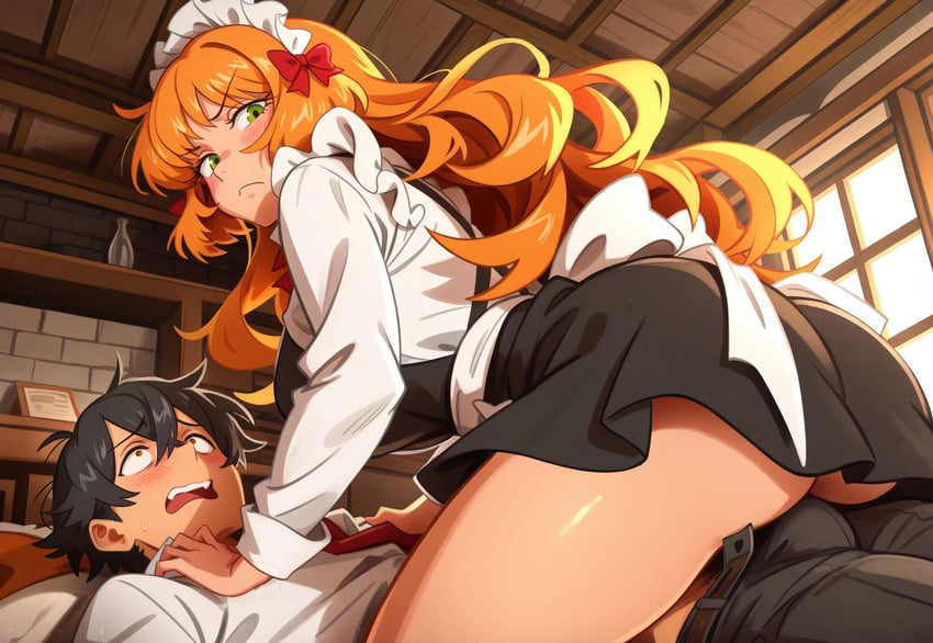 1boy, 1girl, ass, blush, bulge, dispenserai, from_side, girl_on_top, green_eyes, hetero, highres, indoors, ishmael_(project_moon), khyle_(style), limbus_company, long_hair, looking_back, lying, maid, maid_headdress, orange_hair, project_moon, self-upload, shirt, skirt, straddling, thighs, very_long_hair, wai-illustrious-sdxl, white_shirt, window